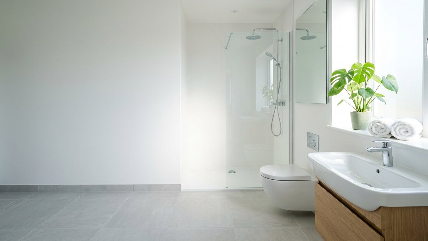 Frisch gereinigtes helles Badezimmer mit Toilette, Waschbecken und Dusche