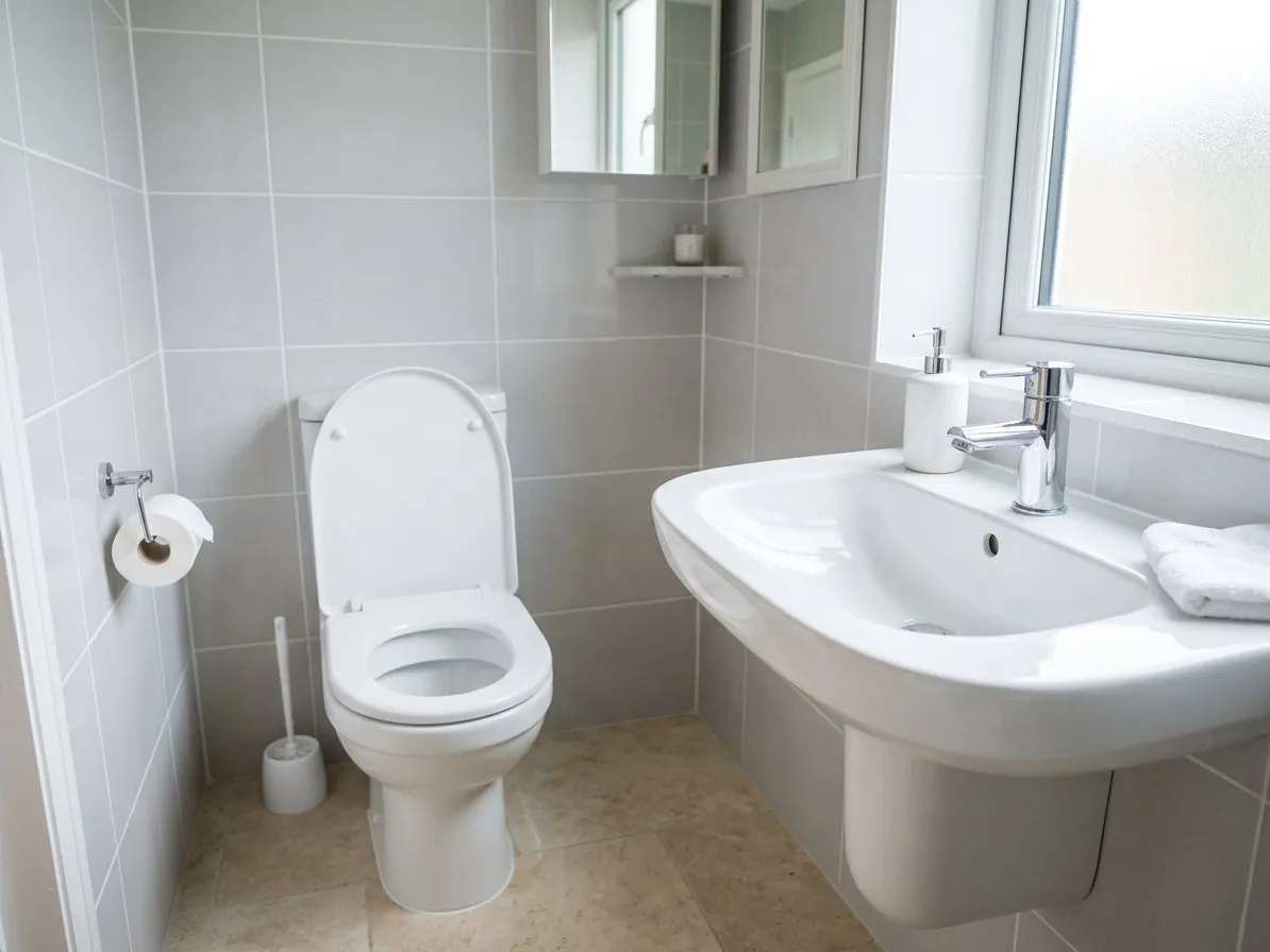 Toilette und Waschbecken vor und nach der Reinigung mit der aquatec Toilettenfee – nachher
