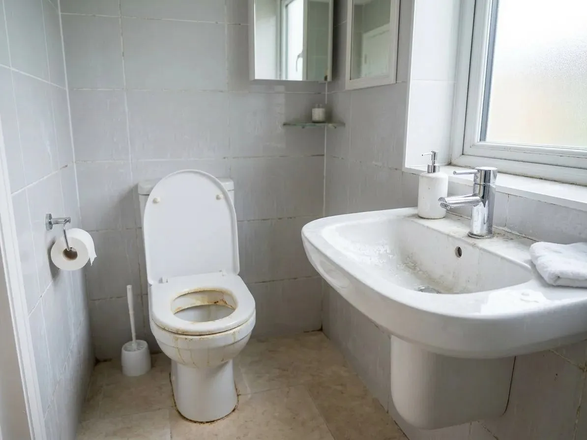 Toilette und Waschbecken vor und nach der Reinigung mit der aquatec Toilettenfee – vorher