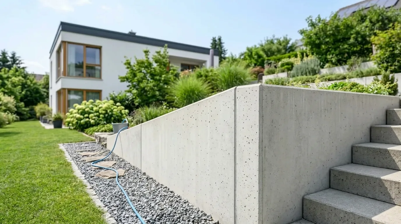 Nachher: dieselbe Sichtbetonmauer nach schonender Reinigung – gleichmäßig hellgrau