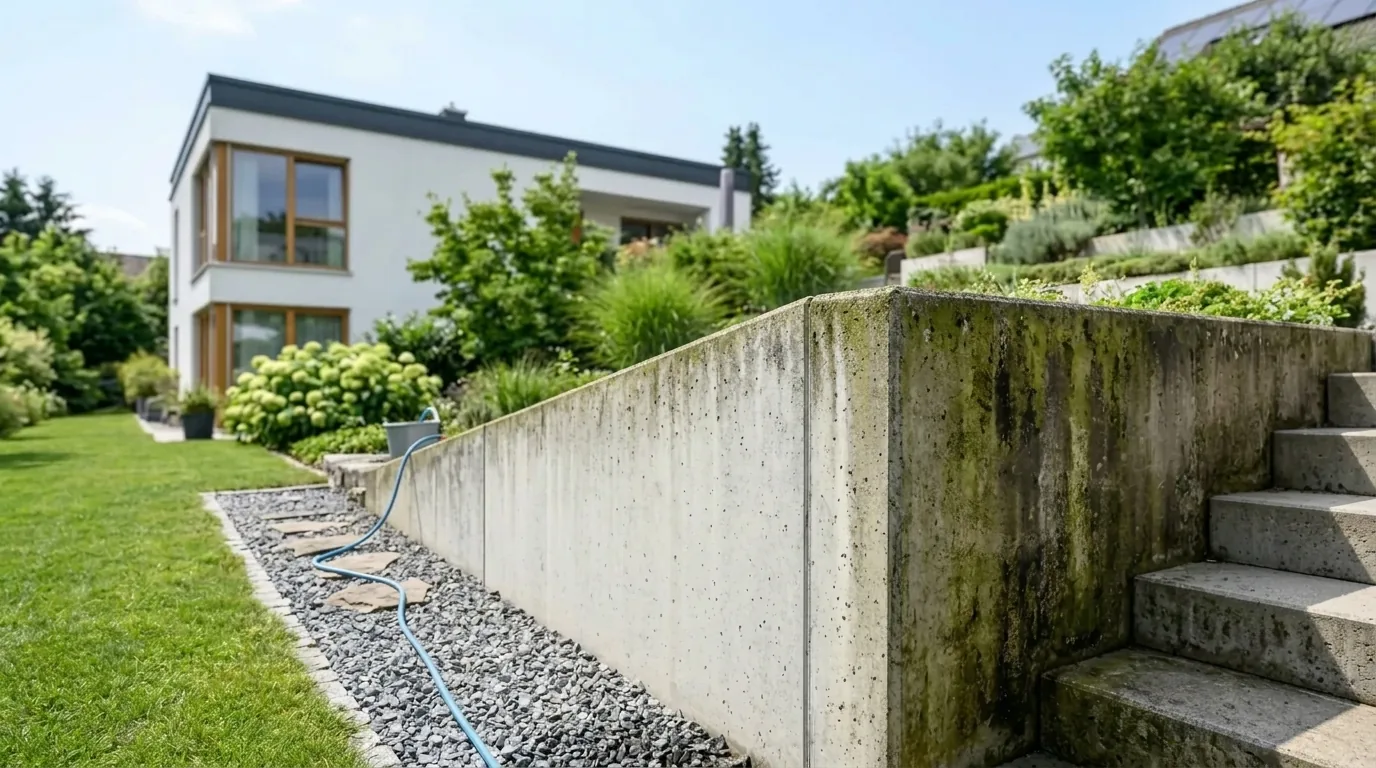 Vorher: Sichtbetonmauer mit Grünbelag und dunklen Verwitterungsspuren