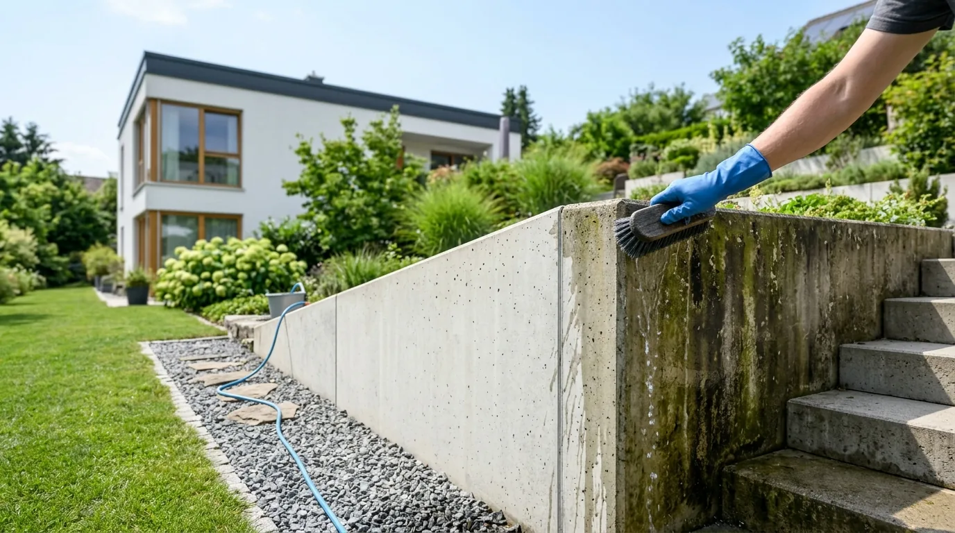 Sichtbetonmauer und Betontreppe an einem modernen Haus werden schonend gereinigt