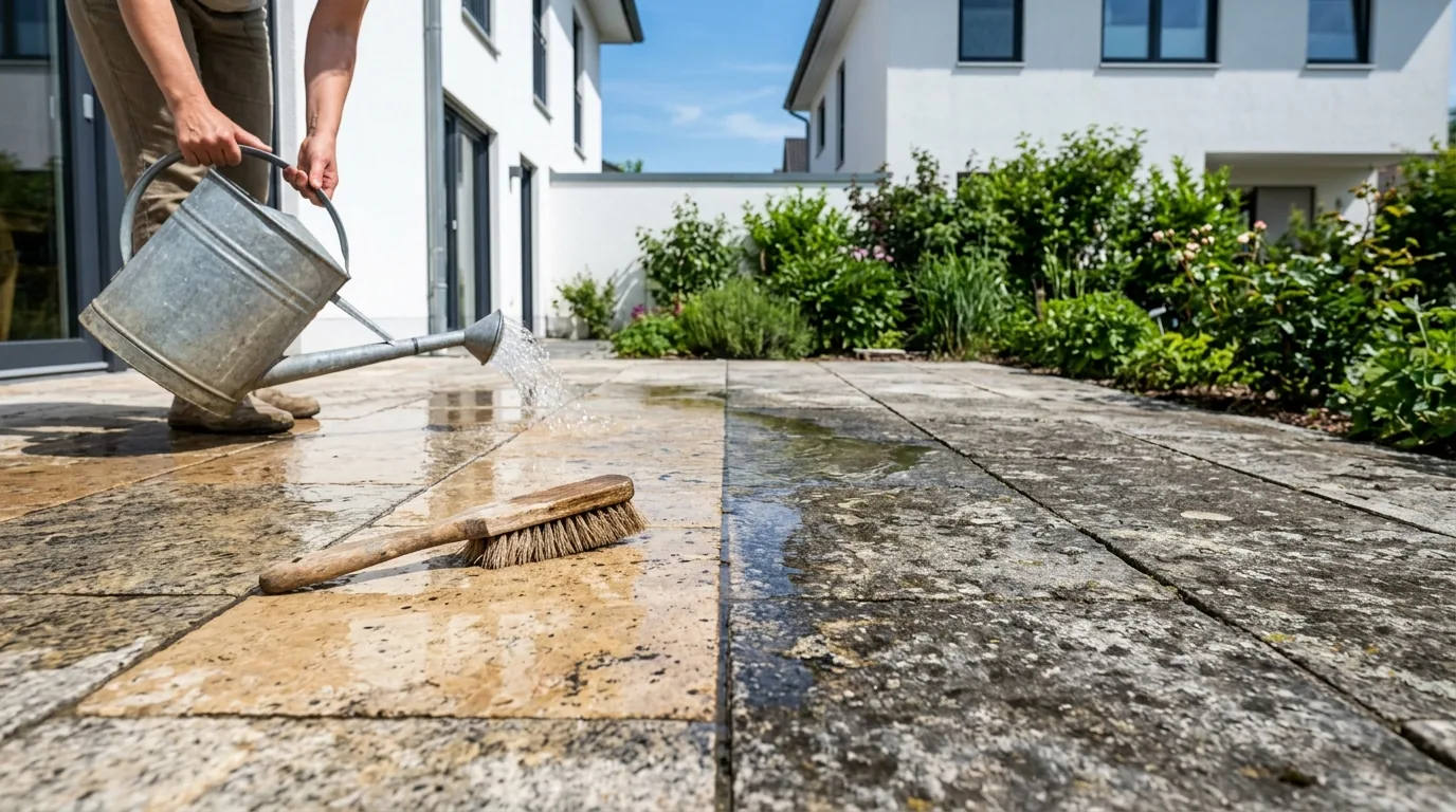 Natursteinterrasse aus Travertin und Granit wird schonend mit weicher Bürste und Wasser gereinigt