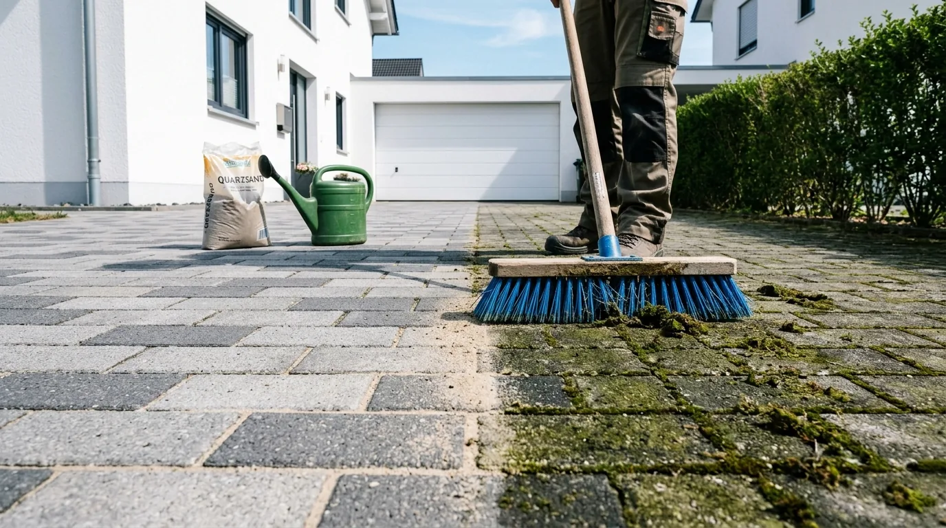 Gepflasterte Einfahrt aus Betonsteinen wird mit Bürste gereinigt – Fugen bleiben intakt