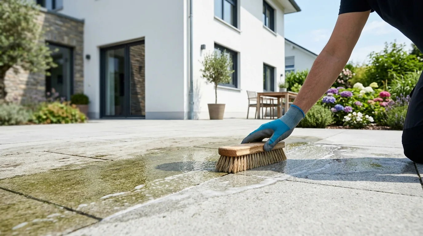 Helle Terrassenplatten werden mit weicher Bürste gereinigt – deutlicher Kontrast zwischen gereinigter und veralgter Fläche