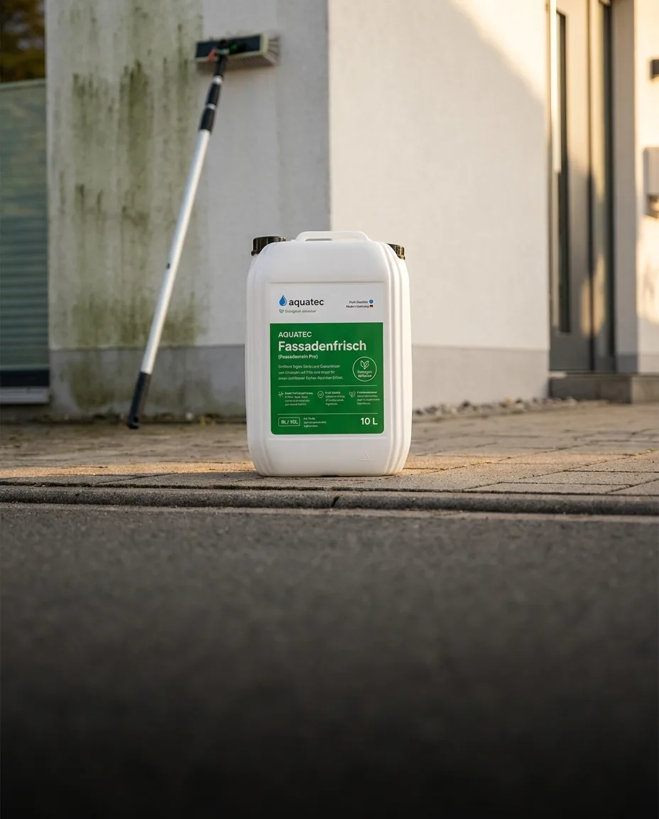 aquatec Fassadenfrisch wird mit Sprühgerät auf einer algenbedeckten Hausfassade aufgetragen