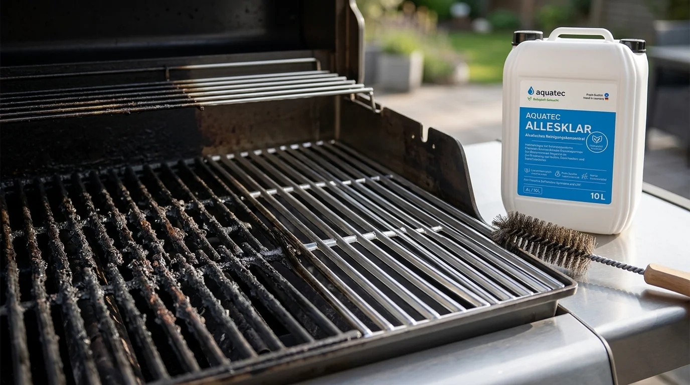 Vorher-Nachher-Vergleich eines Gasgrill-Rosts halb verbrannt, halb gereinigt