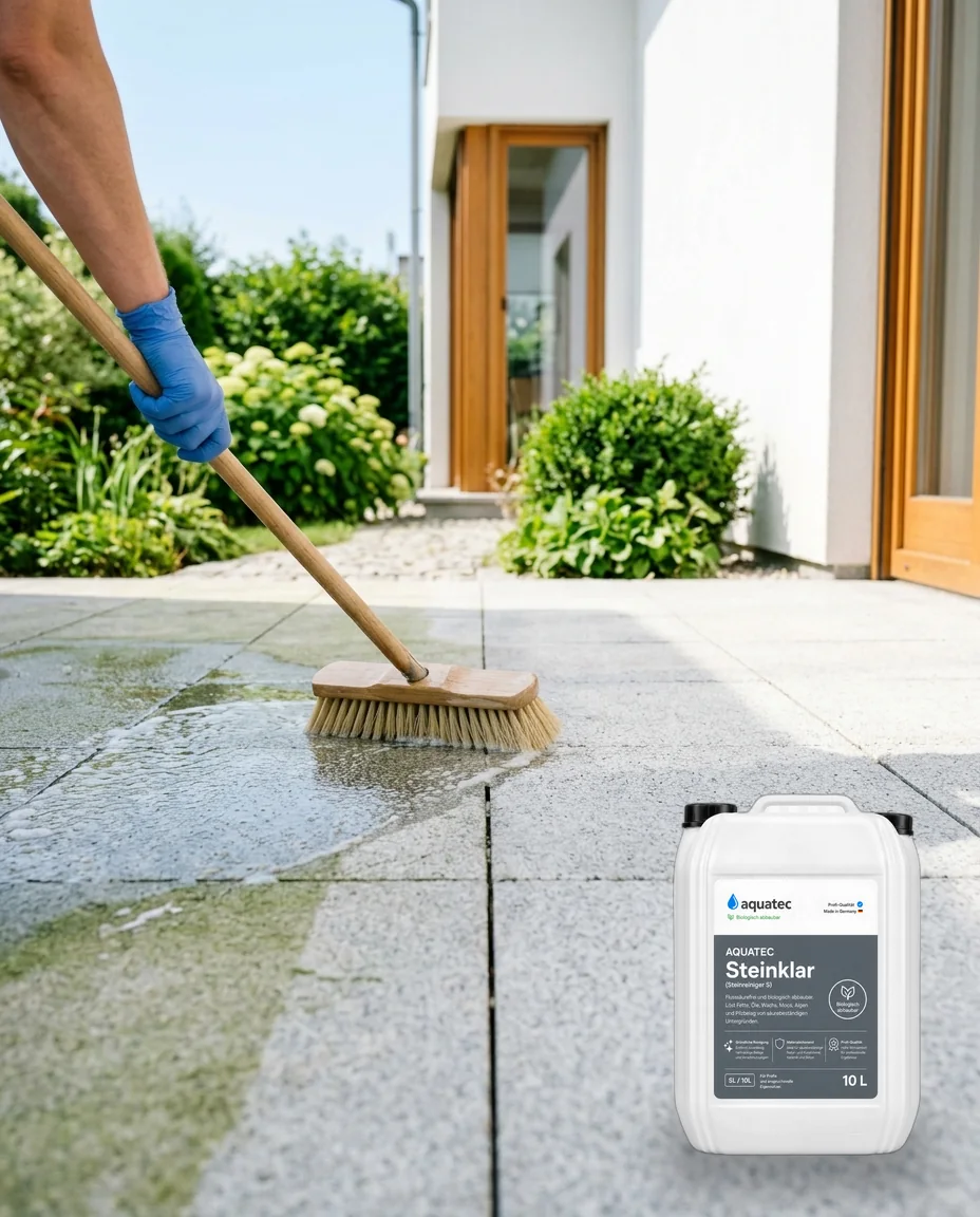 Schonende Terrassenreinigung mit weicher Bürste und aquatec Steinklar