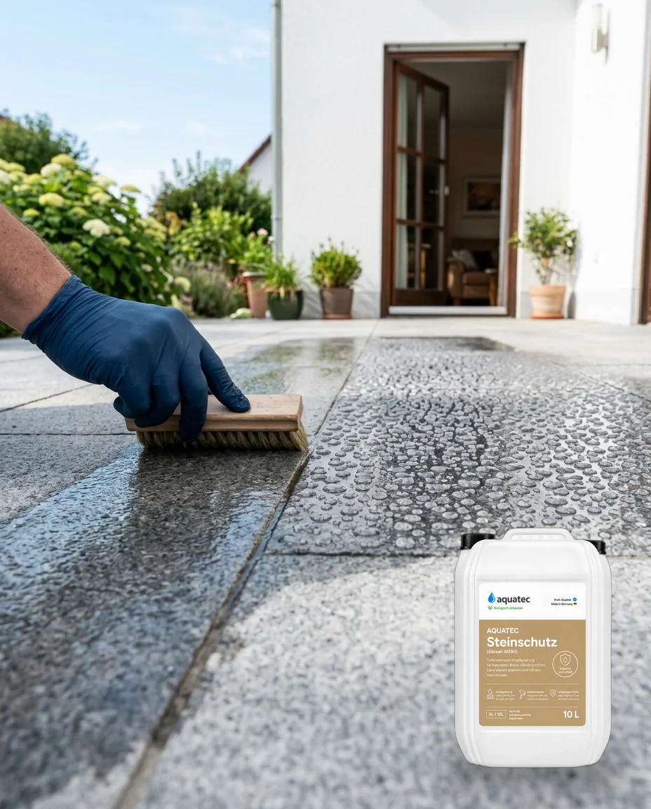 Abperleffekt auf imprägnierten Terrassenplatten mit aquatec Steinschutz – Wasser perlt sichtbar ab