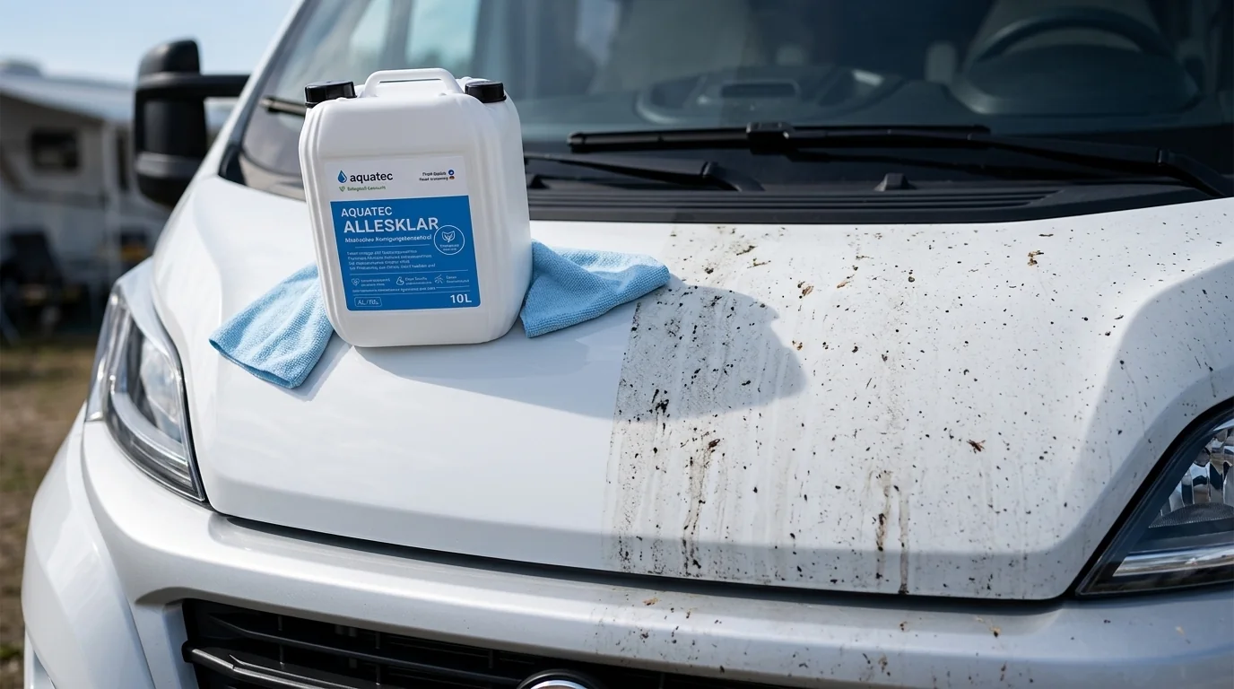 Detailaufnahme einer teilgereinigten Wohnmobil-Front mit ALLESKLAR Kanister