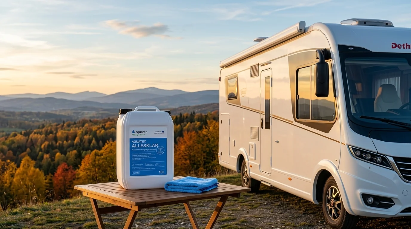 Sauberes Wohnmobil an einem Aussichtspunkt im Herbst, bereit für die nächste Reise