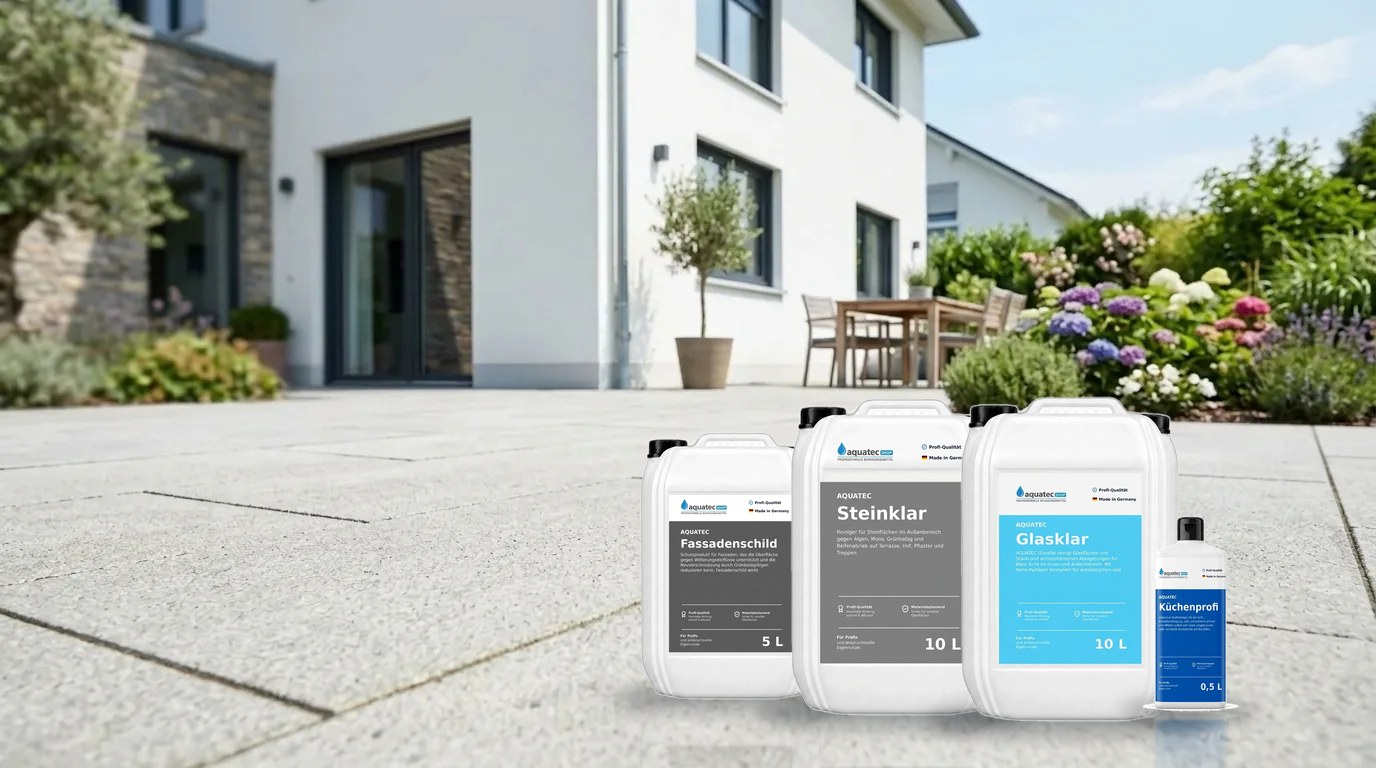 aquatec Profi-Reinigungsmittel – Steinklar, Glasklar, Fassadenschild und Küchenprofi auf einer frisch gereinigten Terrasse