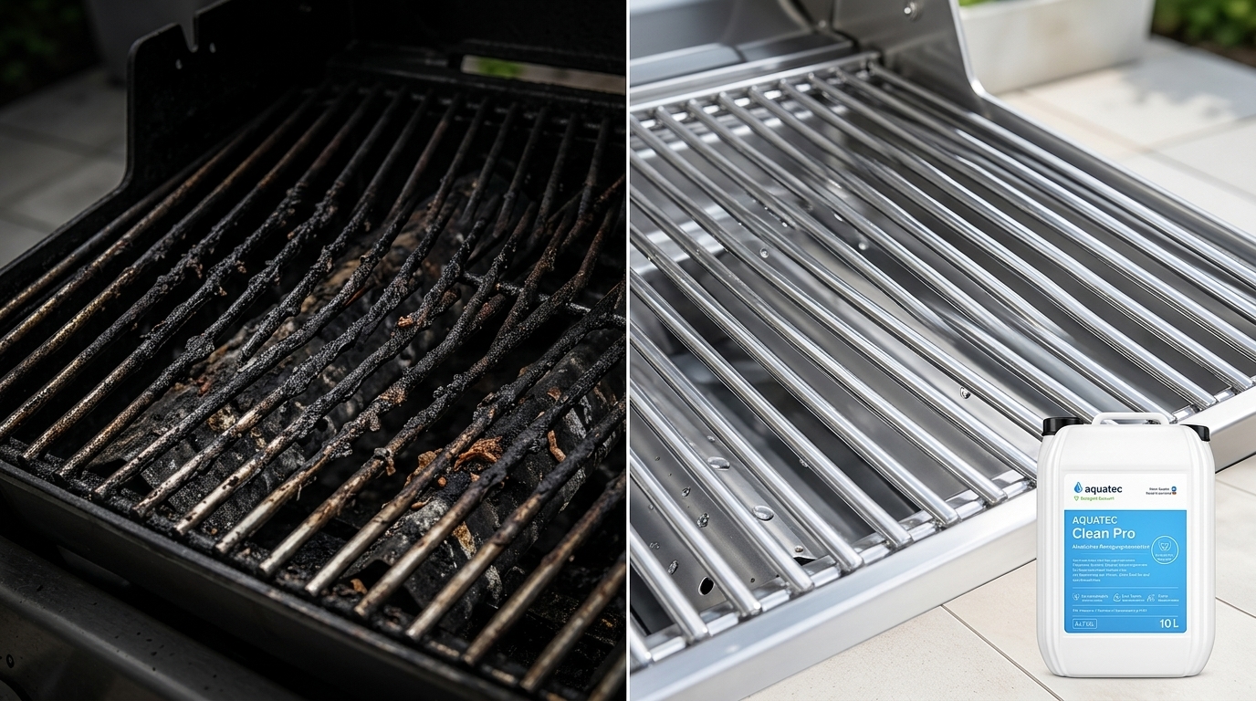 Vorher–Nachher: verschmutzter Grillrost und blitzsauberer Grillrost nach Clean Pro