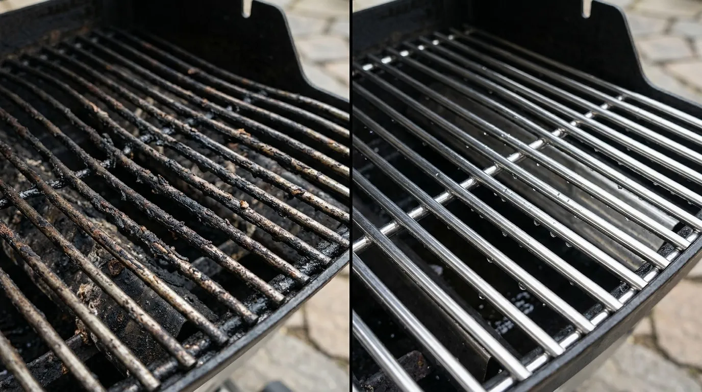 Vorher–Nachher: verschmutzter Grillrost und blitzsauberer Grillrost nach ALLESKLAR