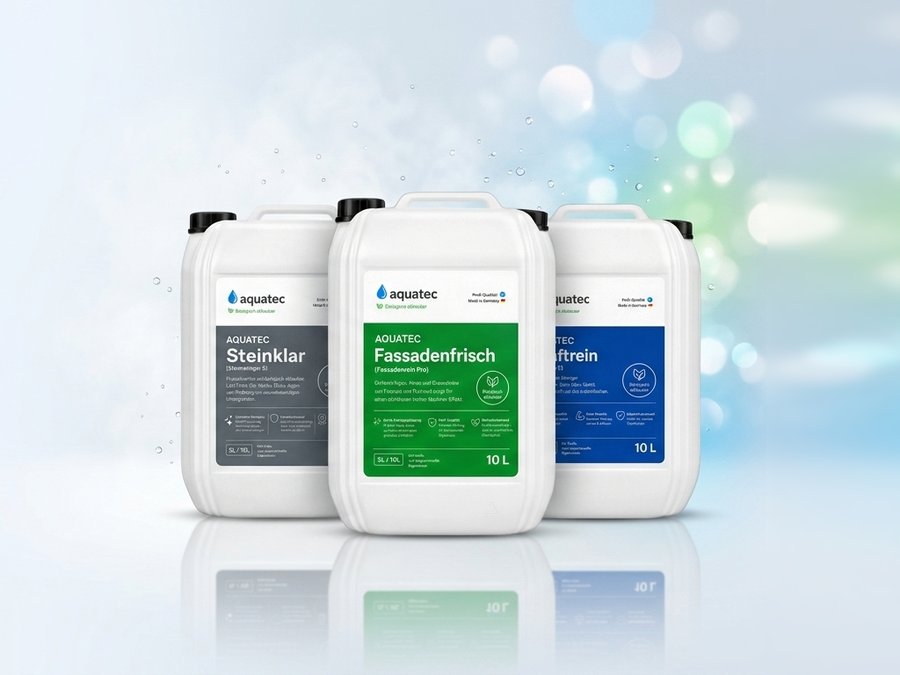 aquatec Steinklar, Fassadenfrisch und Kraftrein – die drei Bestseller-Reiniger